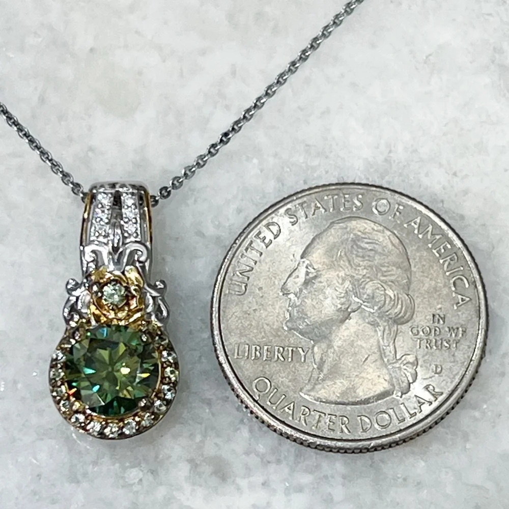 Green and White Moissanite Green Sapphire Sterling Silver Pendant 20” Necklace - Picture 11 of 11